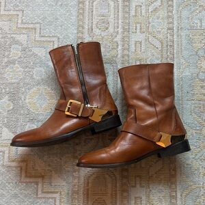 Charles David Brown Leather Ankle Boots with Gold Buckle 7.5